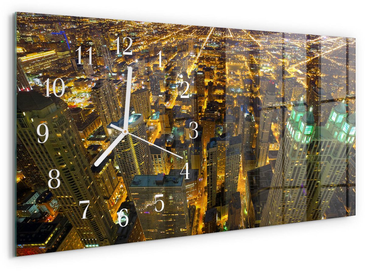 TULUP Wandklok - Stad 's nachts Wandklok Glas Decoratie - 60x30 cm - Geel Gekleurde Glazen Klok - Witte Handen - Rechthoekige Wandklok - Glazen Wandklok Design - Klok Glas Met Opdruk Geel - Stad 's nachts