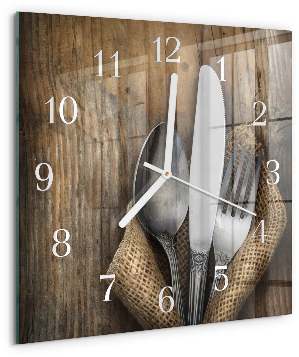 TULUP Wandklok - Bestek Moderne Wandklok Glas - 30x30 cm - Bruin Wandklok Glas Decoratie - Witte Handen - Vierkante Wandklok - Wandklok Glas Met Motief - Decoratieve Glazen Klok Bruin - Bestek