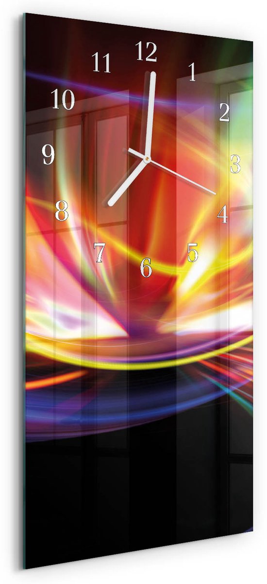 TULUP Wandklok - Abstracte kunst Glazen Wandklok Design - 30x60 cm - Veelkleurig Klok Glas Met Opdruk - Witte Handen - Rechthoekige Wandklok - Gekleurde Glazen Klok - Glazen Klok Met Print