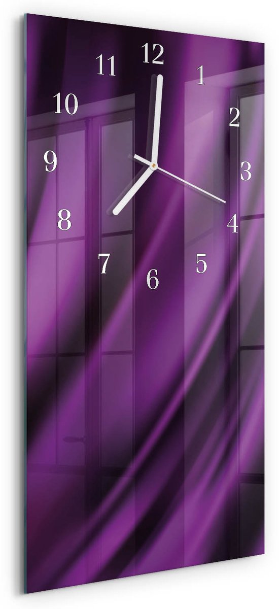 TULUP Wandklok - Abstractie Klok Glas Met Opdruk - 30x60 cm - Paars Moderne Wandklok Glas - Witte Handen - Rechthoekige Wandklok - Decoratieve Glazen Klok - Glazen Wandklok Design Paars - Abstractie