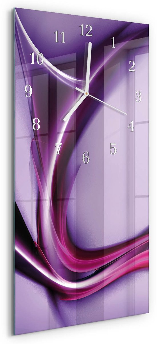 TULUP Wandklok - Abstractie Gekleurde Glazen Klok - 30x60 cm - Paars Glazen Klok Met Print - Witte Handen - Rechthoekige Wandklok - Klok Glas Met Opdruk - Moderne Wandklok Glas Paars - Abstractie