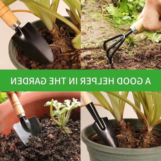 6-delige set met miniatuurtuingereedschap - De set bevat een schepje, harkje en klauwtje voor planten, wieden en grondbewerking - Roestvrij staal met houten handvatten - Ideaal voor balkons, moestuinen en als cadeau voor beginnende tuiniers van Merkloos	 — afbeelding 3