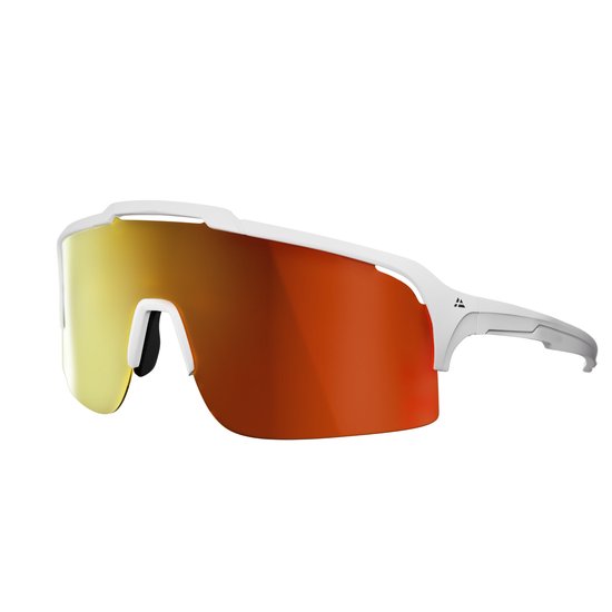 Witte sportbril met grote spiegelende oranje/gele lens.