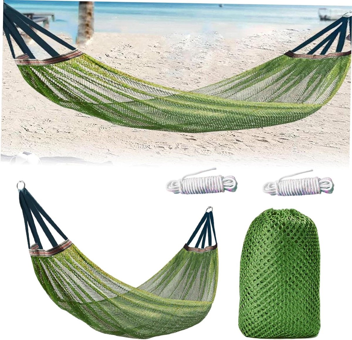 Touw hangmat - Nylon net - Buiten ontspannen - Lichtgewicht draagbaar - 259 x 129 cm - Groen
