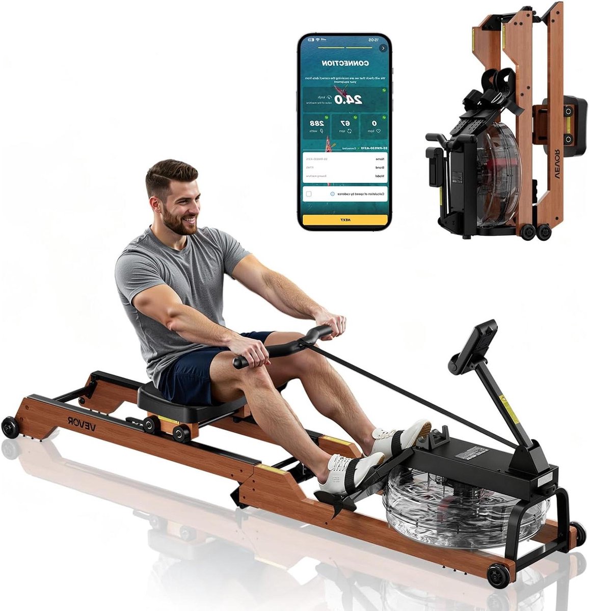 Roeitoestel - Waterroeimachine - Full Body Workout - 6 Weerstandsniveaus - 158 kg Capaciteit - Houtkleurig