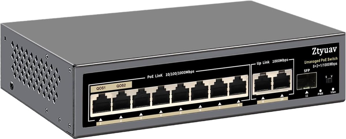 Gigabit PoE Switch - Netwerk Hub - Apparaten Voeden - 11 Poorten 120W - 19x11x4 cm - Zwart