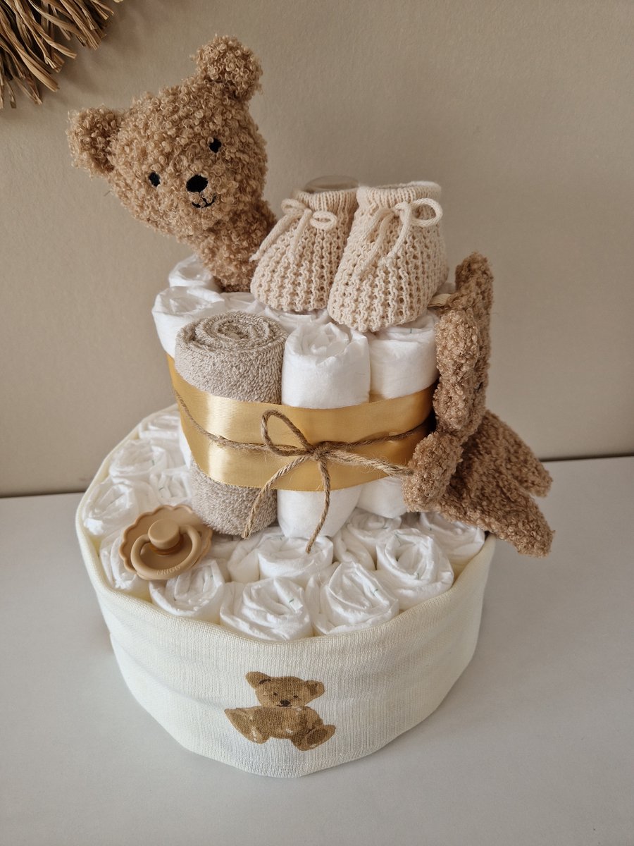 Luiertaart Teddy Bear Jollein Biscuit, neutraal - babyshower - kraamcadeau