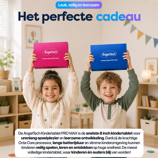 Tablette enfant AngelTech PRO MAX - Tablette enfant 8 pouces la plus rapide du marché - 4 Go de RAM - 64 + 64 Go de stockage - Perfect pour École - Contrôle parental - Aussi pour Adultes - Housse de protection Fidgy 360° - Rose ou Blauw