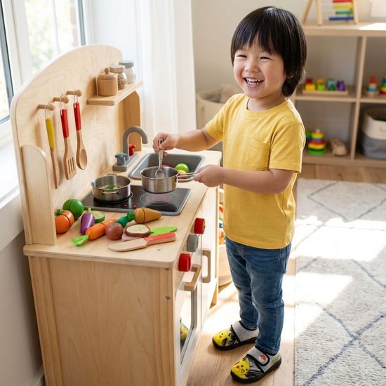 Een lachende jongen in een gele T-shirt en spijkerbroek speelt met een houten speelgoedkeuken.