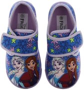 Paarse pantoffels met Elsa en Anna, bloemenpatroon en klittenbandsluiting. Paar.