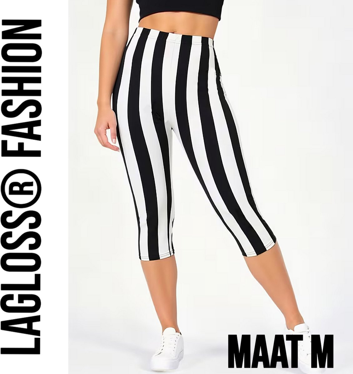 LaGloss® Dames 3/4 Yoga Legging Met Hoge Taille Zwart & Wit Gestreept – Hoge Stretch Sportlegging – Comfortabele Gym & Yoga Broek – Maat M