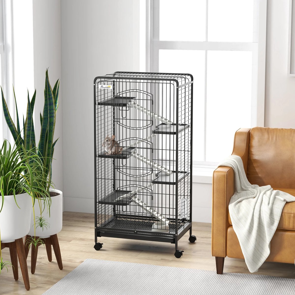 Calivari Rattenkooi XL – 6 Verdiepingen – Verrijdbare Knaagdierkooi – Zwart – 64x43,5x131 cm
