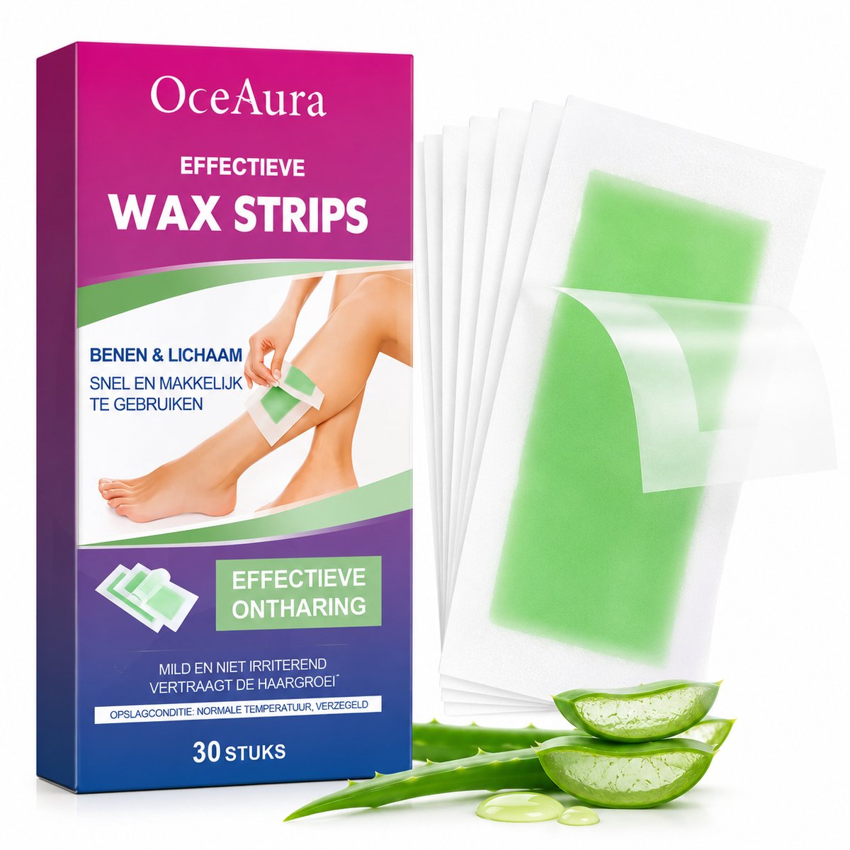 OceAura| Waxstrips Gevoelige Huid | Ontharingsstrips | Wax Strips Benen & Armen | Harsstrips Oksels | Koude Wax Strips | Haar Verwijderen | Waxstrips Lichaam | Aloë Vera Wax | Waxstrips Vrouwen | Ontharen Benen | Waxstrips Gezicht | 30 Stuks