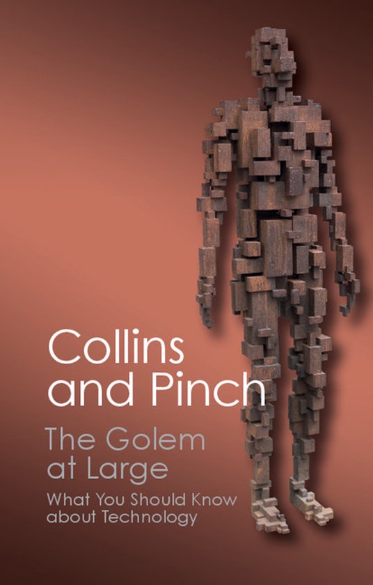 Een sculptuur van een mensfiguur, bestaande uit roestbruine, kubusvormige blokken, met de tekst 'Collins and Pinch The Golem at Large What You Should Know about Technology'.