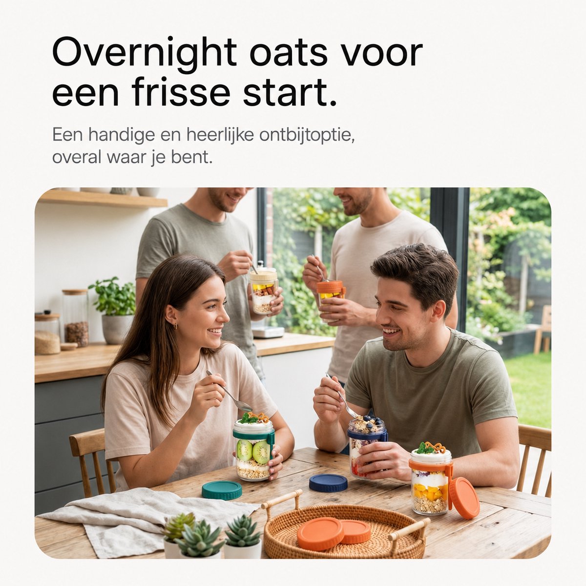 BOTC Overnight Oats Potjes - Voorraadpotten - Set van 4 met Lepels - 4x475ml Mason Jar - Glazen Potjes met deksels - Mason Jar - Lekvrij ontwerp — cadeau in Kookcadeaus - foto 2