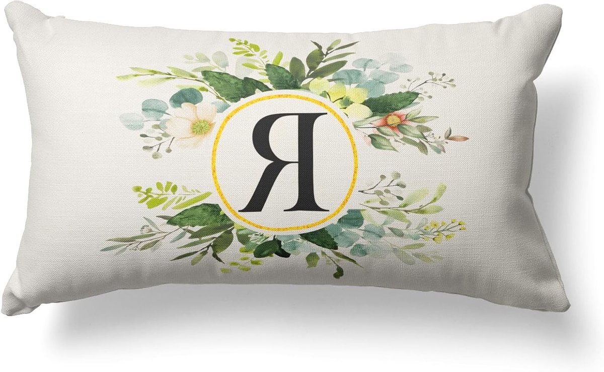 Decoratieve Kussenslopen met Bloemenpatroon - Monogram Letter R, 30x50 cm, Groene Lente Kussens voor Sofa en Boerderijdecor, Perfect voor Familie en Persoonlijke Stijl