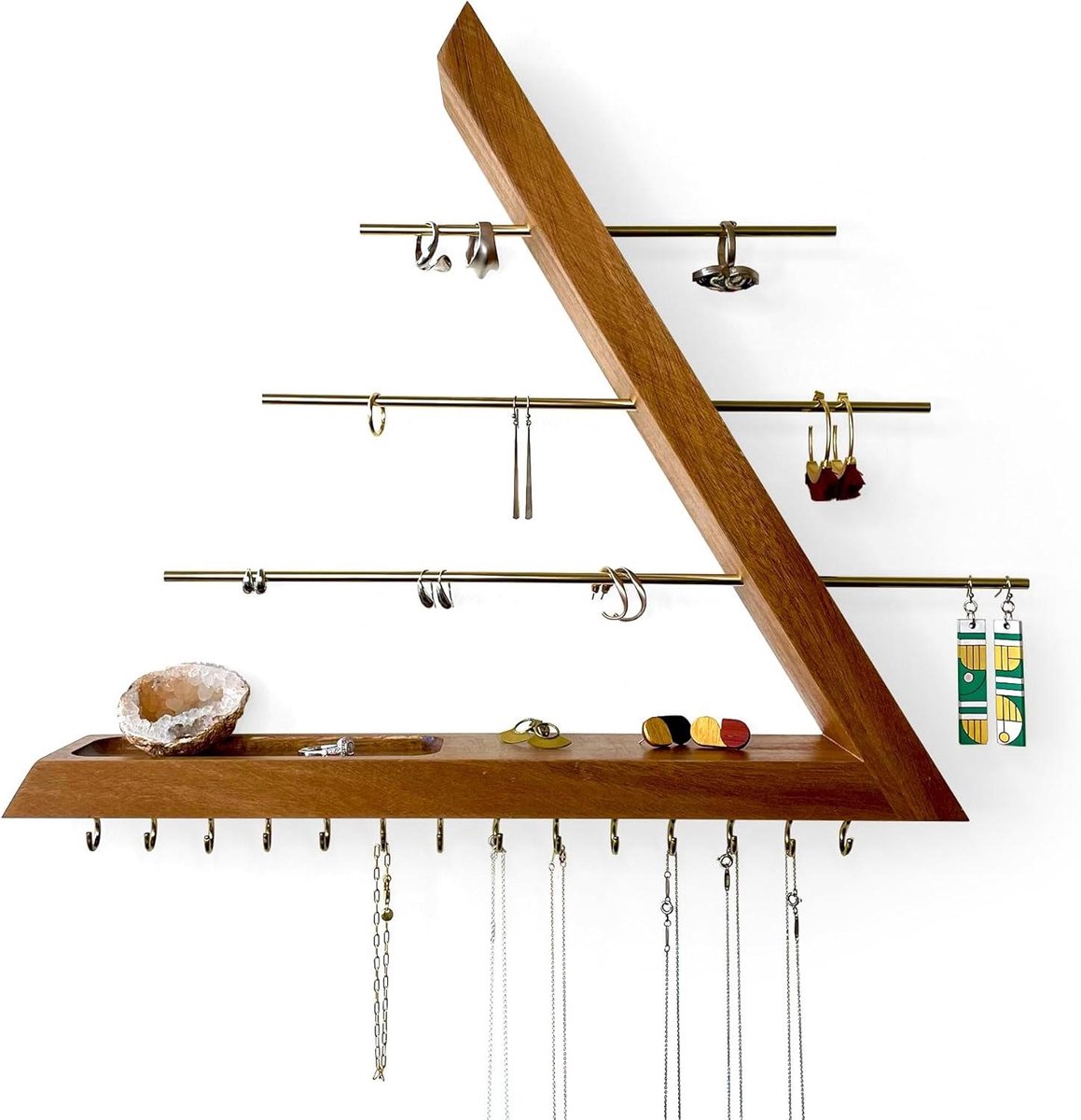 Jewelry Organizer Wall Mounted Hardwood Hanging Jewelry Holder, Open Triangle Jewelry Display Shelf for Necklaces, Earrings, Rings and Bracelets, Gift for Her