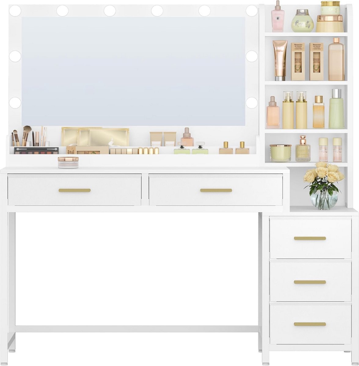 Kaptafel - Schoonheidstafel - Make-up aanbrengen - Ruime opbergruimte - 130 cm breed - Wit