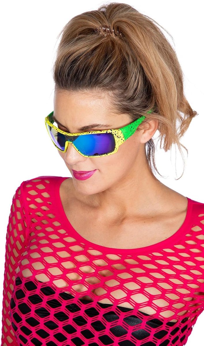 Feestbril Jaren 80 - Retro bril spiegelend - Carnaval outfit - Neon geel montuur - One size - Neon Geel — afbeelding 2