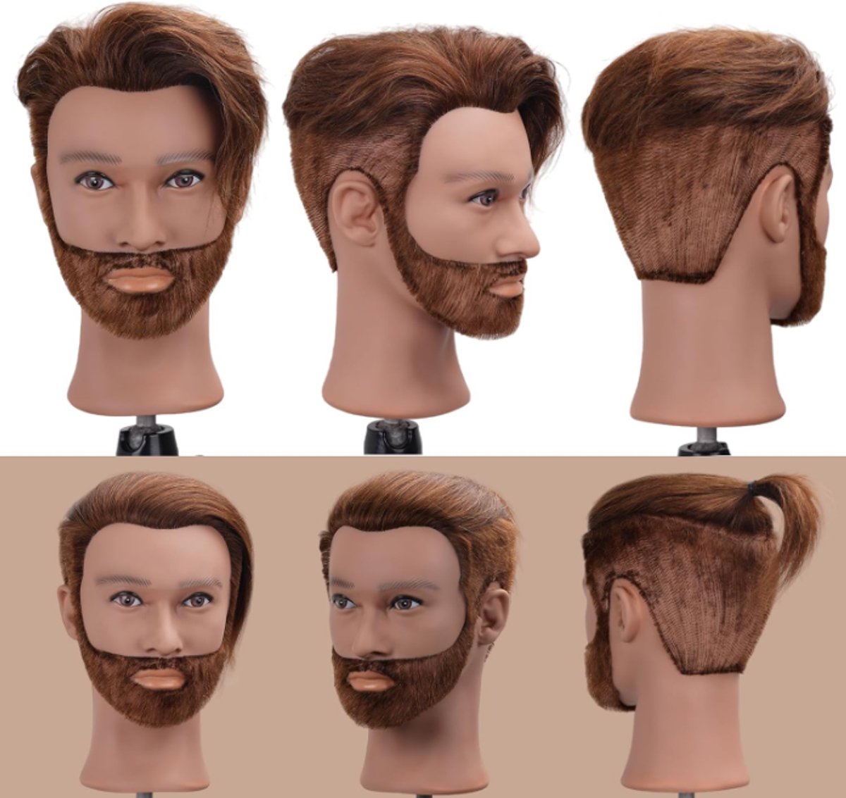 Kappershoofd, 100% echt haar met baard, kapselhoofd, mannelijk kapsel, oefenhoofd met bruin haar, kappershoofd, mannequinhoofd, poppenhoofd met tafelklem (zacht haar)