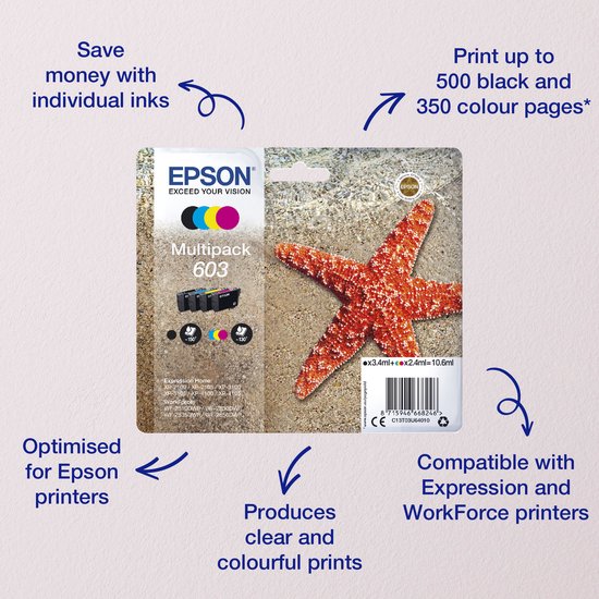 Epson multipack 603 met gele, cyaan en magenta cartridges. Inhoud 3 x 2,4ml + 1 x 2,4ml. Met rode zeester op het strand.