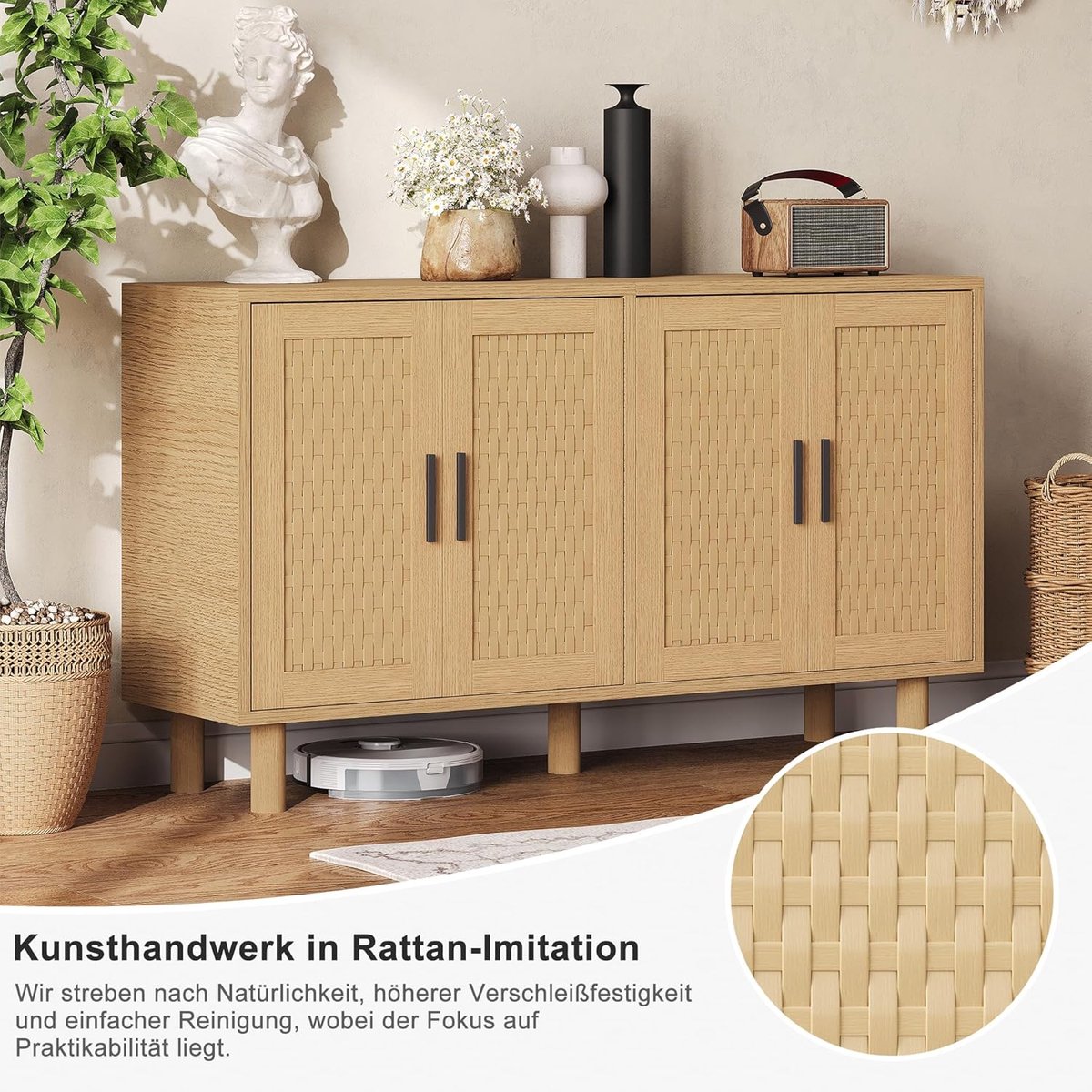 LuxeOak Rattan Highboard Dressoir met 3 Lades en 4 Deuren – Opbergkast in Eikenlook met Gouden Handgrepen voor Woonkamer, Slaapkamer en Hal – 108 x 40 x 80 cm