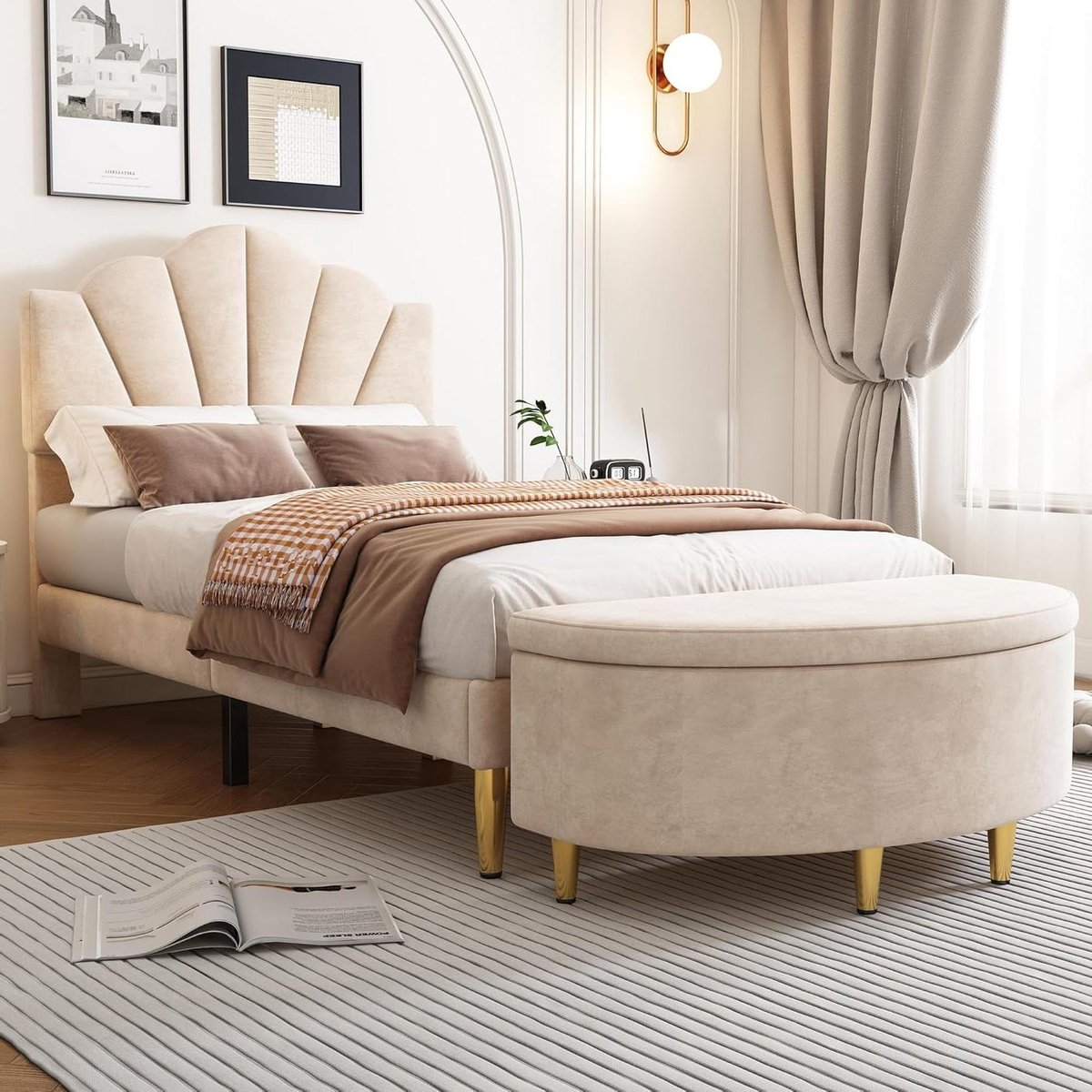 Eenpersoonsbed Gestoffeerd - Bed met Opbergruimte - Comfortabel Slapen - Schelpvormig Hoof