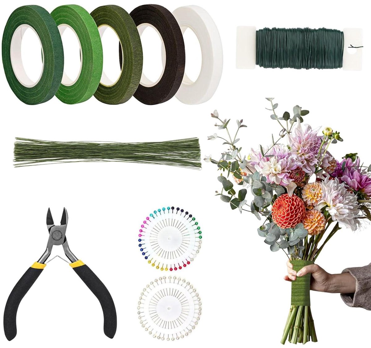 Bloemschikpakket - Bloemendraad Kit - Bloemen Arrangeren - Compleet Gereedschap - 24 cm - Veelkleurig