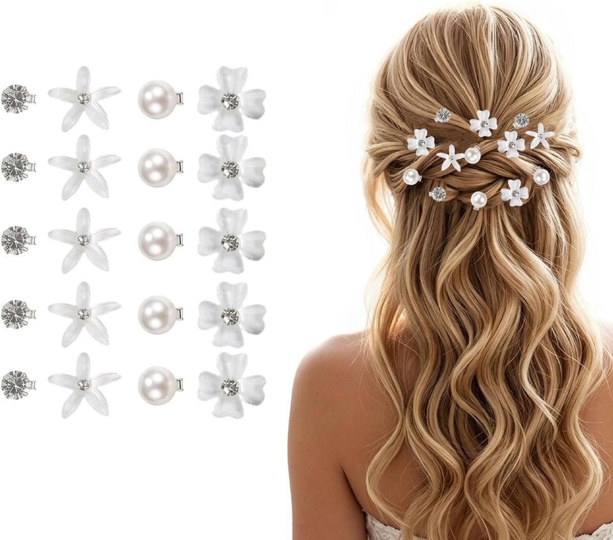 Bloemen Haarklemmen - Mini Speldjes - Haar Styling - Strass Versiering - 20 Stuks - Wit