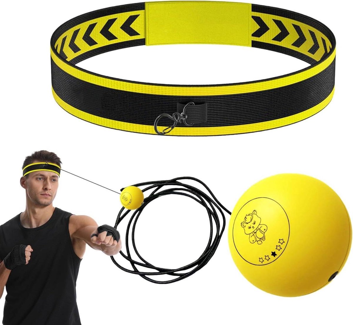 Boks Reflexbal - Hoofdband Training - Hand-oog Coördinatie - Verbetert Reacties - 3 Maten Ballen - Geel