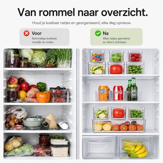 Vergelijking van een rommelige koelkast met een georganiseerde koelkast gevuld met BOTC opbergbakjes met fruit en groenten.