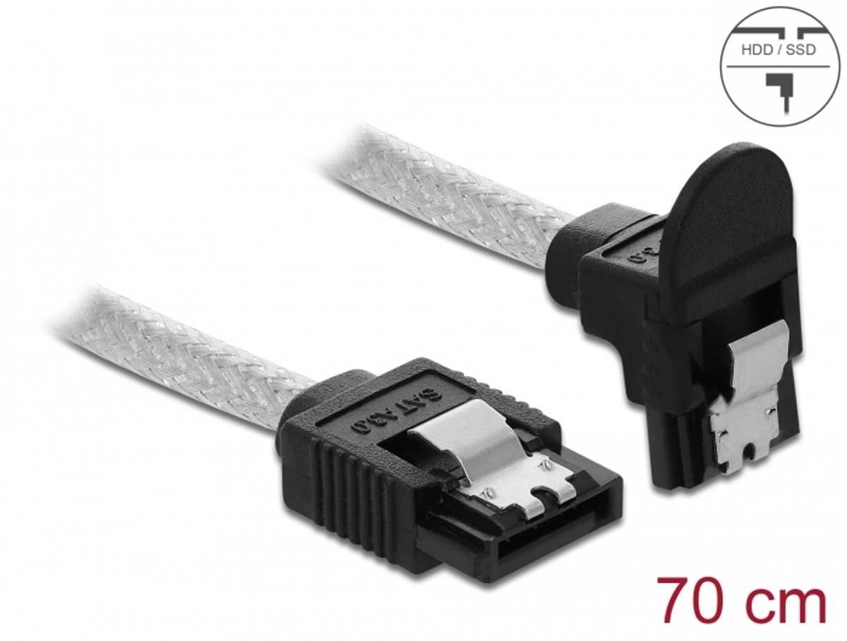 Image of Delock SATA 6 Gb/s Cable straight to downwards angled 70 cm transparent