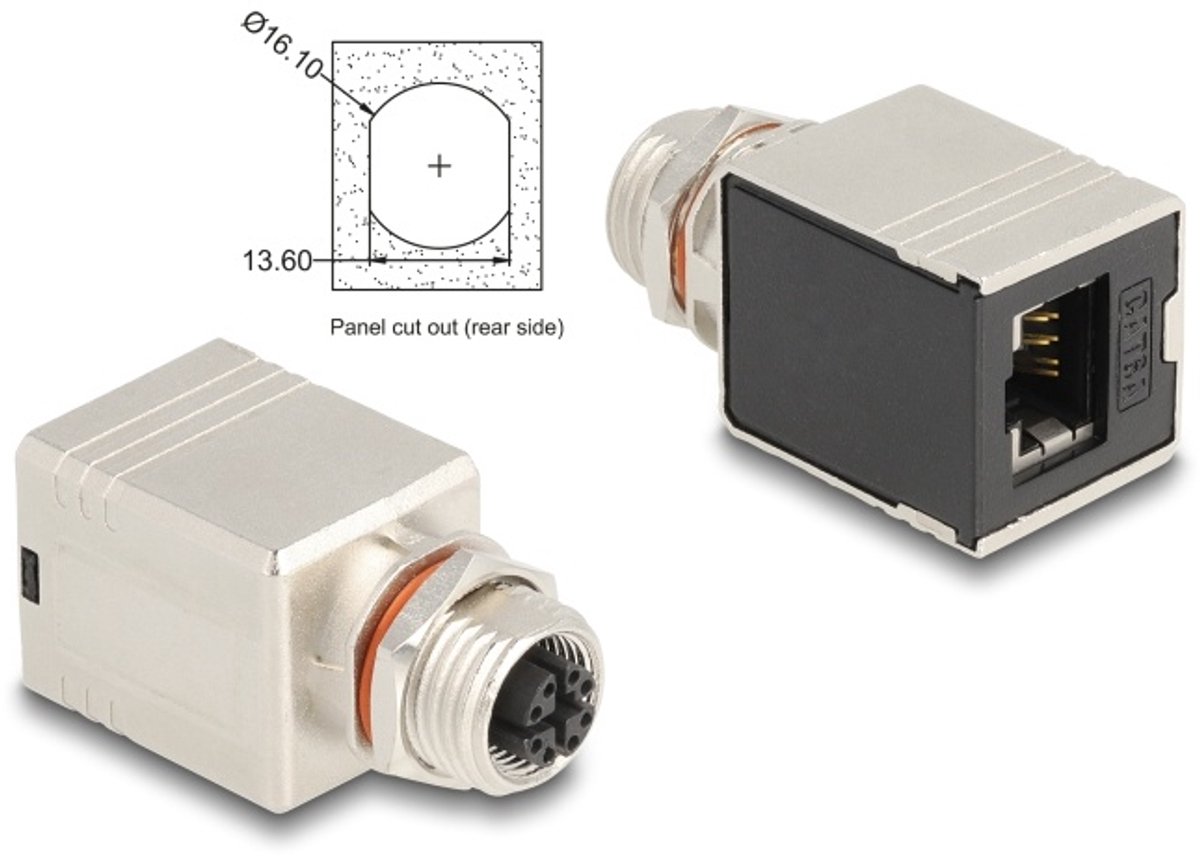 Delock M12 Adapter X-coded 8 pin female to RJ45 jack Cat.6A STP shielded straight