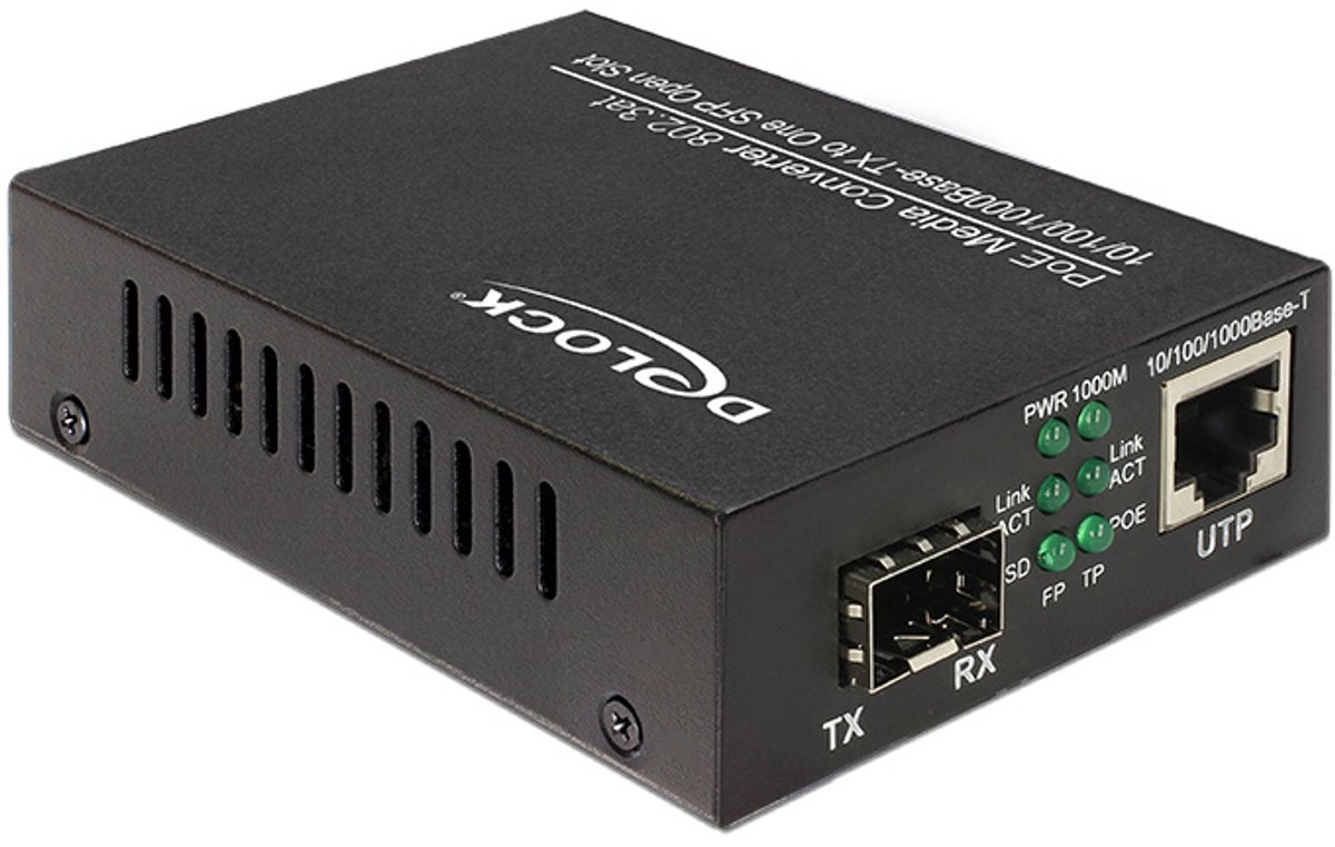 POE+ Media Converter 10/00/1000Base-T naar SFP