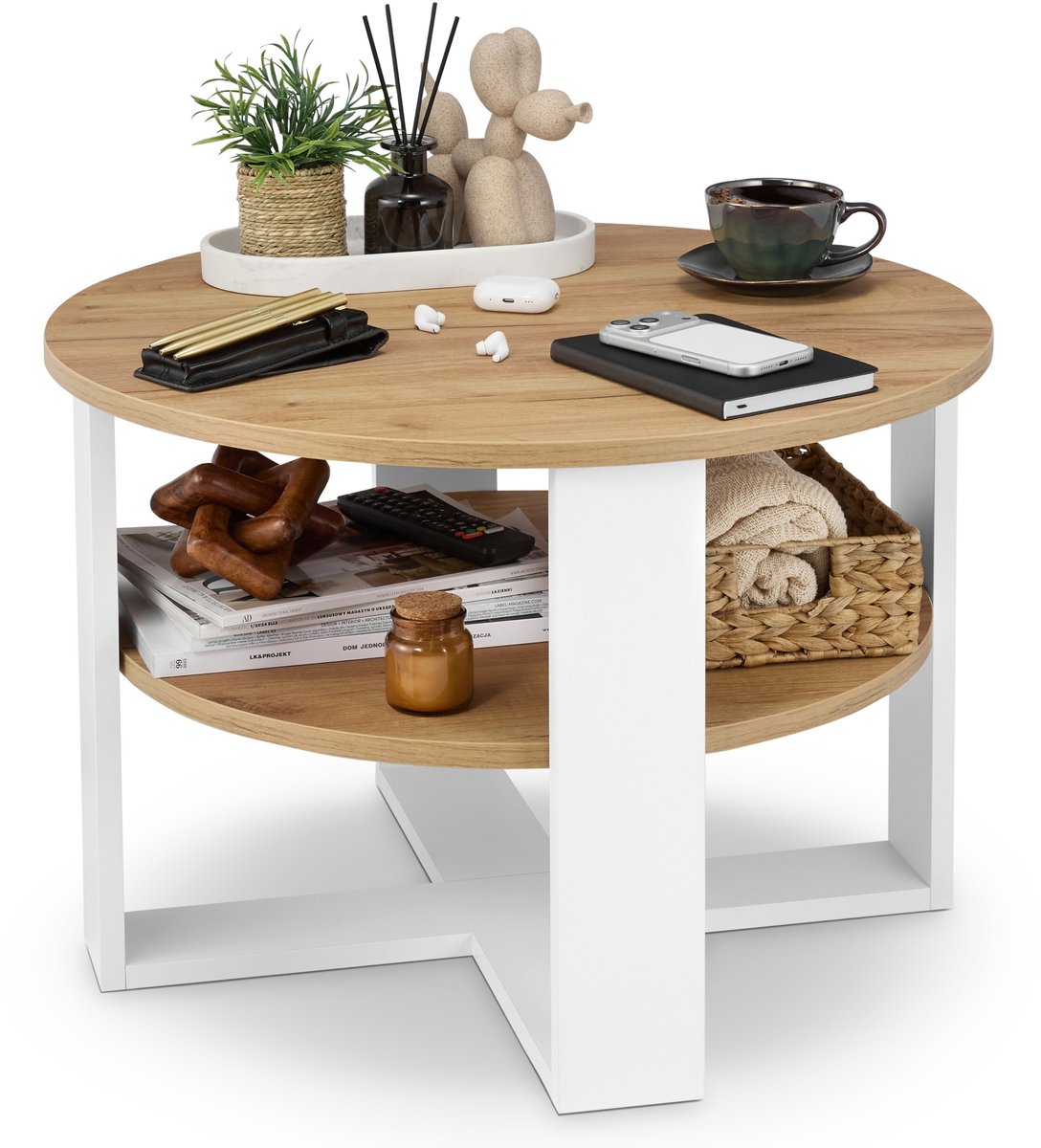 defiPad Ronde Salontafel - Industrieel - Groot Ø70 cm met Plank, Wit + Eiken Craft