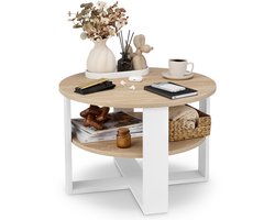 defiPad Ronde Salontafel - Industrieel - Groot Ø70 cm met Plank, Wit + Eiken Sonoma