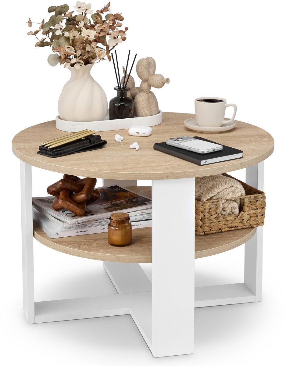 defiPad Ronde Salontafel - Industrieel - Groot Ø70 cm met Plank, Wit + Eiken Sonoma