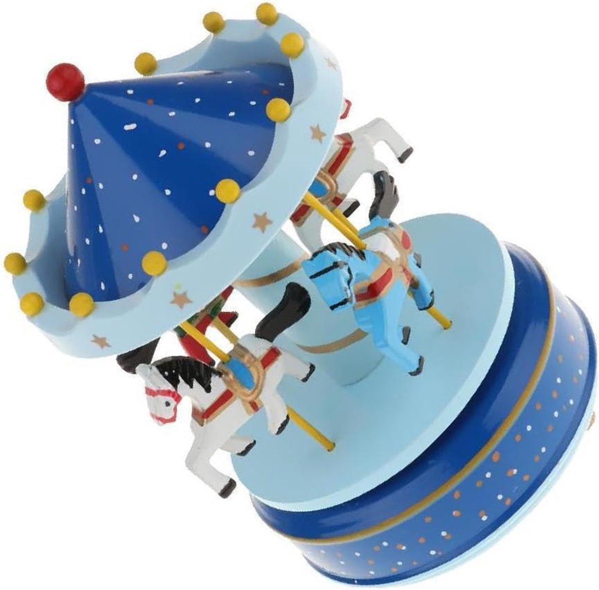 Houten Muziekdoos - Draaimolen Paardjes - Decoratief Ornament - Opwindmechanisme Zonder Batterij - 105x170mm - Blauw met stip