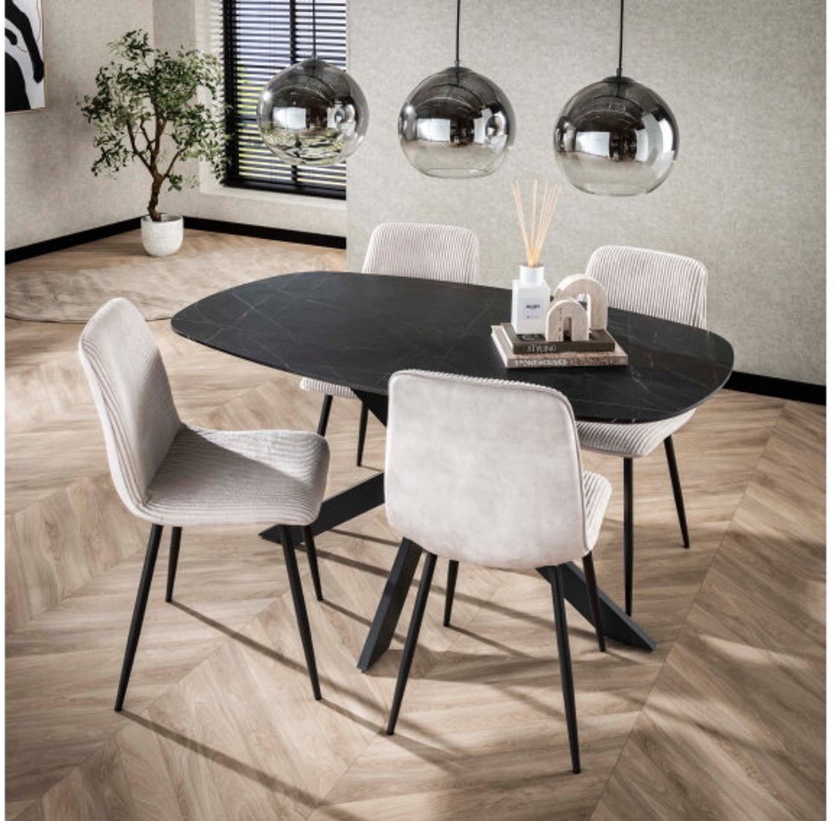 Meubelplaats Eettafel Marquina Deens ovaal melamine 150x90 cm - marmerlook 3D Naturel