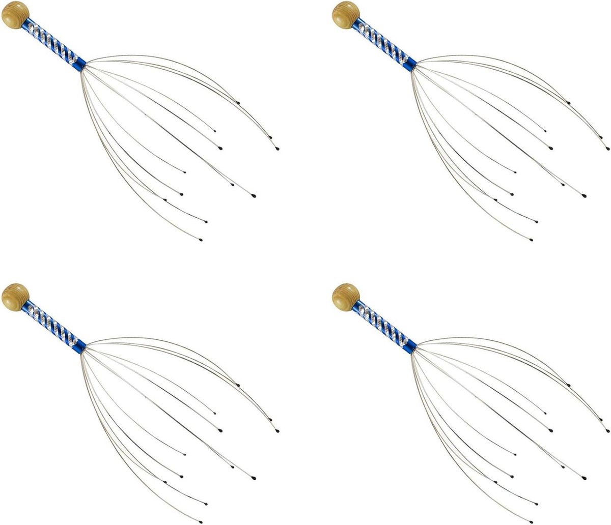 Hoofdmassage Spinnen - Hoofdhuid Stimulator - Ontspanning Bevorderen - 12 Flexibele Tanden - 4 Stuks - Blauw