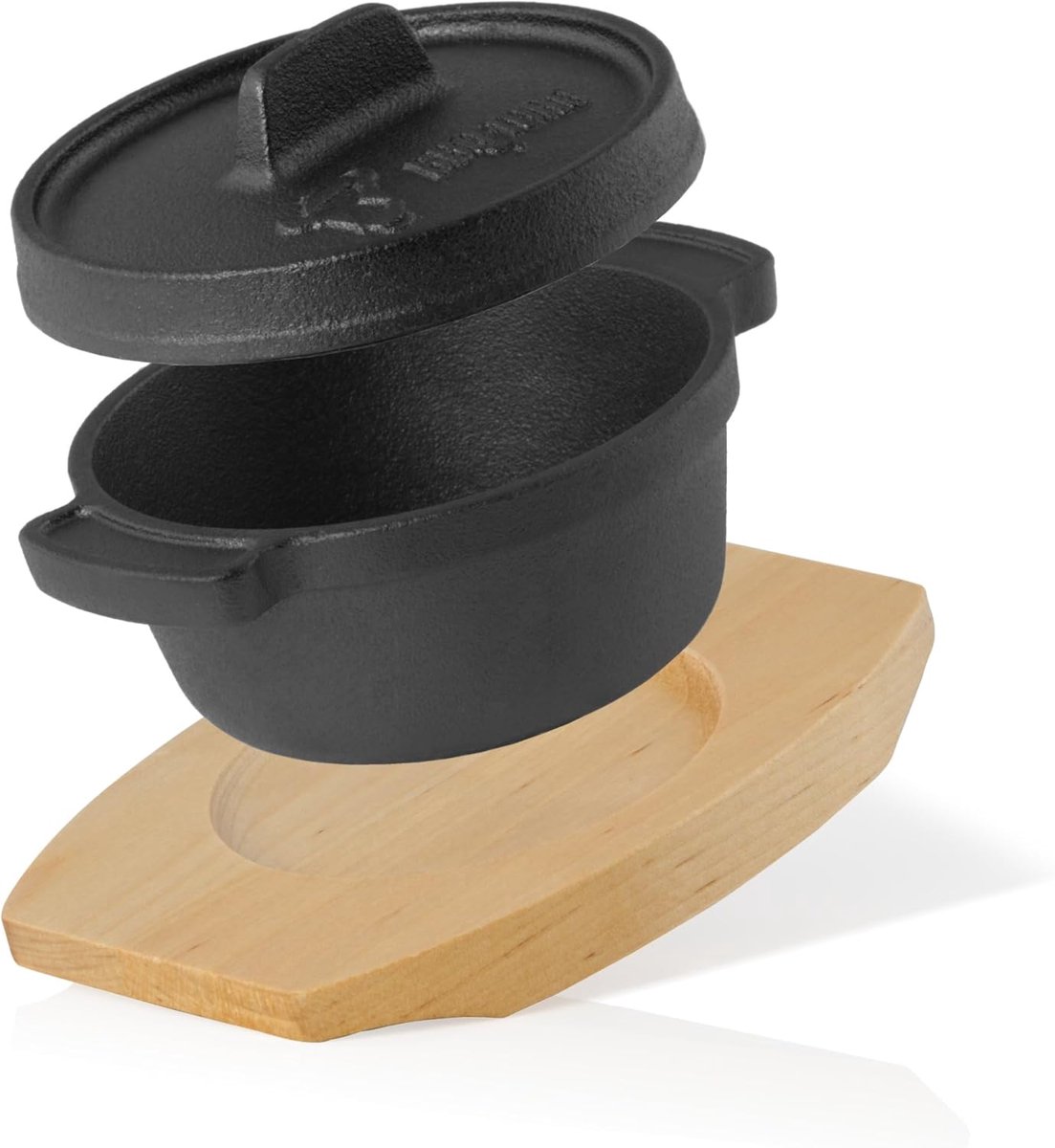 Mini Dutch Oven Gietijzer – serveerpan met houten onderzetter
