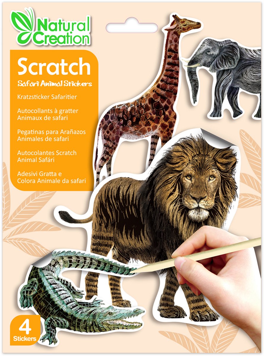 AVENIR Scratch Art Stickers - Safaridieren - 4 Stuks - 3 Jaar