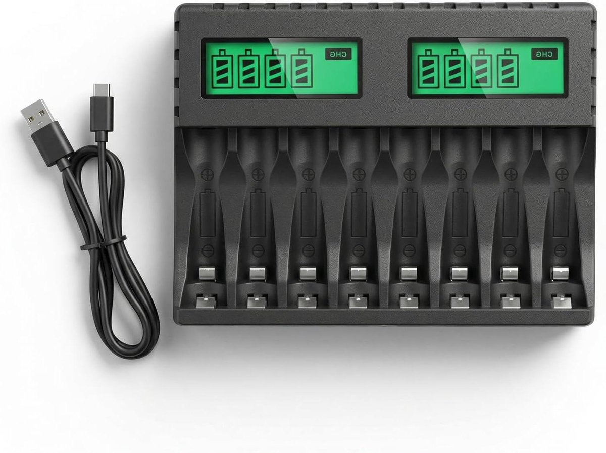 Batterijlader - Acculader - Apparaten opladen - 8 sleuven LCD - USB-C - Zwart