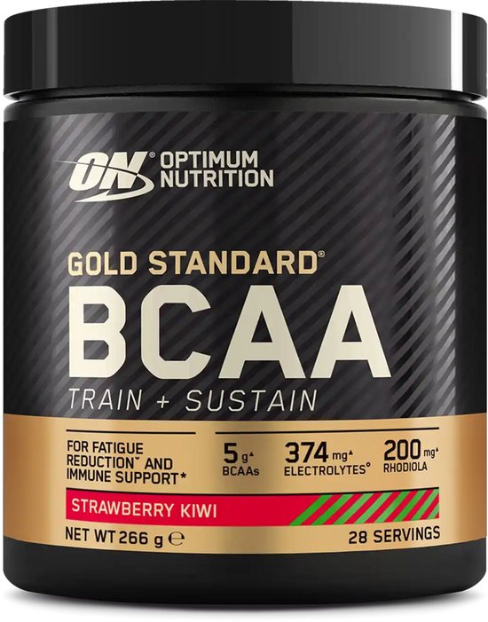 Gouden standaard BCAA Strawberry Kiwi pot met gouden en zwarte accenten. Tekst: Train + Sustain.