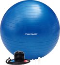 Blauwe Tunturi fitnessbal met voetpomp, slangen en ventielen.