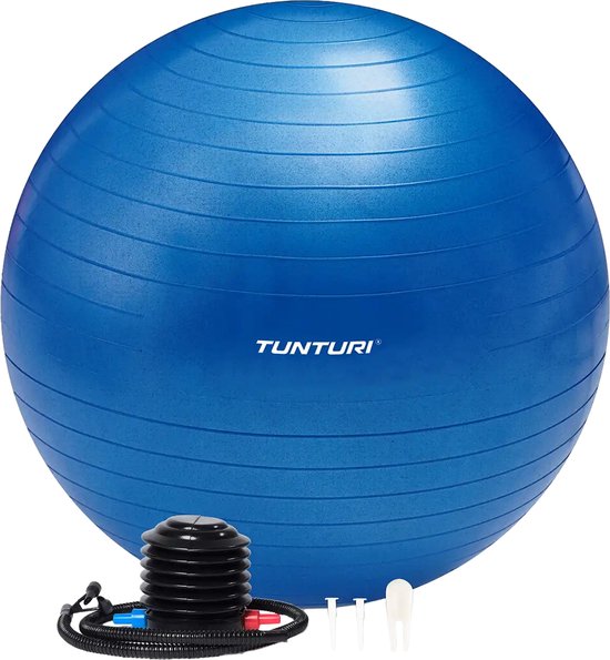 Blauwe Tunturi fitnessbal met voetpomp, slangen en ventielen.