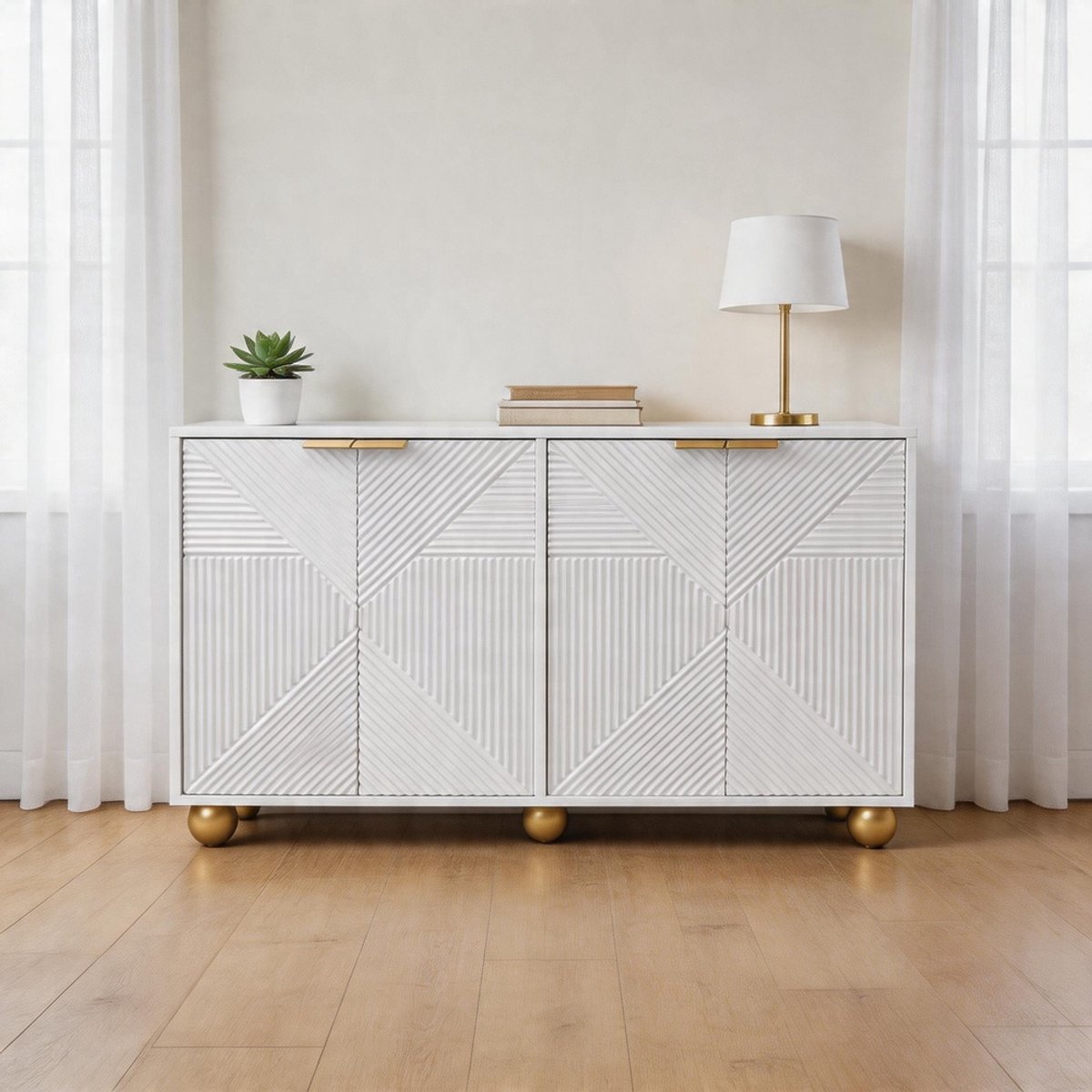 KOMHTOM Sideboard - Vier gebogen deuren - Verstelbare binnenplanken - Metalen handgrepen en bolvormige poten Wit