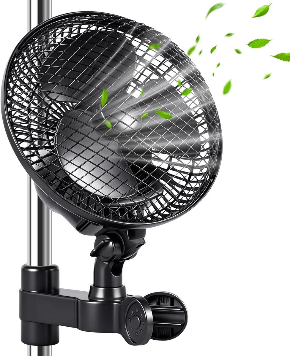 Ventilator met Klem - Klimaatregelaar - Planten Groei - Stille Werking - 22 cm Diameter - Zwart