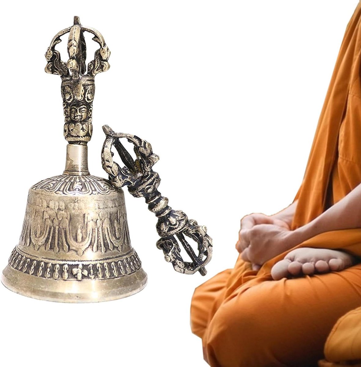 Meditatieklok en Dorje Set - Rituele instrumenten Geluidsinstrumenten - Meditatie en mindfulness - Handgegraveerd 7 metalen - 14.5cm hoog