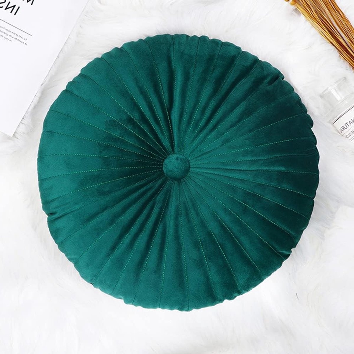 Ronde Fluwelen Pompoen Kussen - 34.8 cm, Donkergroen - Perfect voor Woonkamer, Bank en Slaapkamer Decoratie